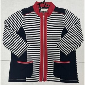 Onque Casuals Denim Style Zip Up Jacket Womens XL Blue Red Stripes Nautical